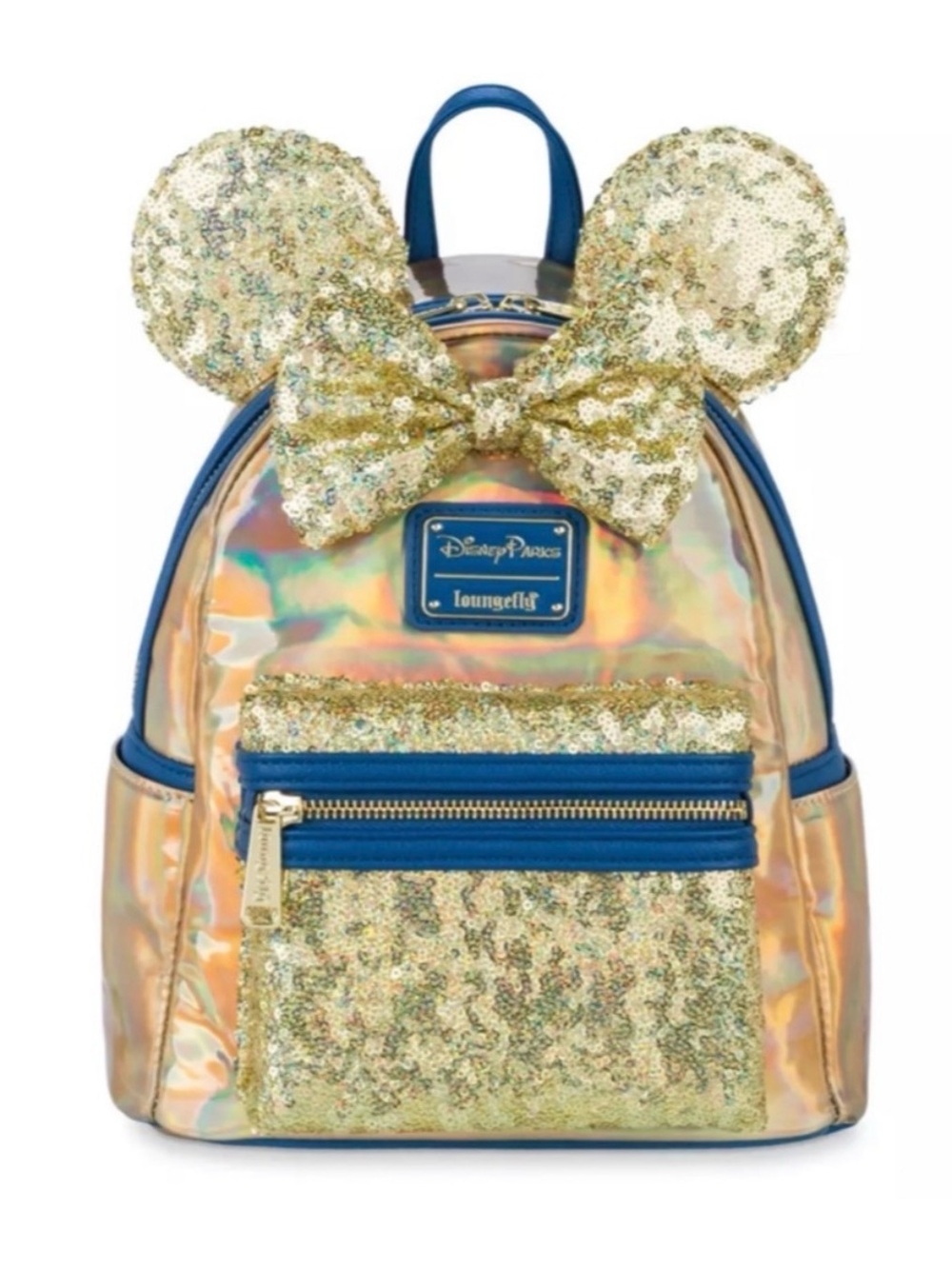Loungefly Gold Sequin Minnie Ears Holographic Kids Backpack with Navy Trim